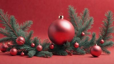 The primary subject of the image is a red Christmas ornament, which is hanging from a tree. The setting is a red background, which creates a festive atmosphere. The visual style is a combination of photo and digital art, giving the image a realistic yet artistic appearance. The dominant colors are red and green, which are associated with the holiday season.